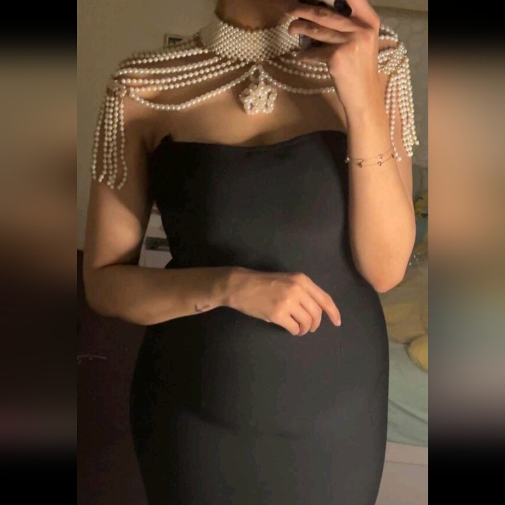 Strapless Bodycon Sexy Pearl Necklace Choker Shawl Bandage Mid-Length Dress